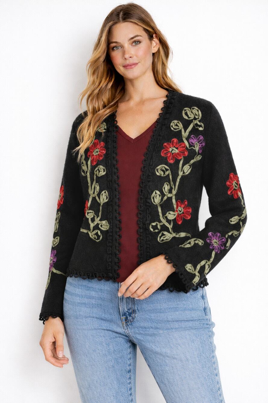 Carson Vintage Wool Floral Ribbon Open Cardigan Sweater Womens Medium Black Red
